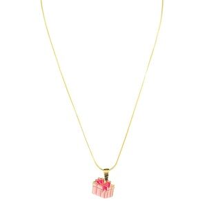 Pink Present Gift Box Charm Gold Plated Necklace Pendant 18” Snake Chain